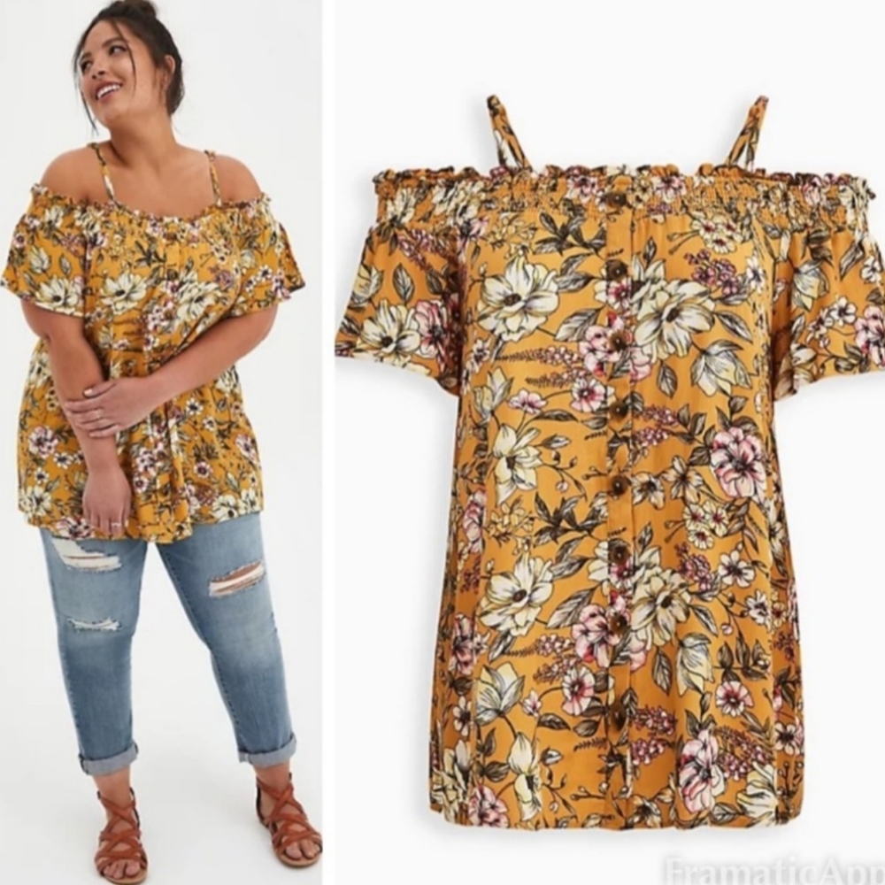 Torrid Rayon Crepe‎ Smocked Cold Shoulder Floral yellow Top Size 2 (2X 18-20)
